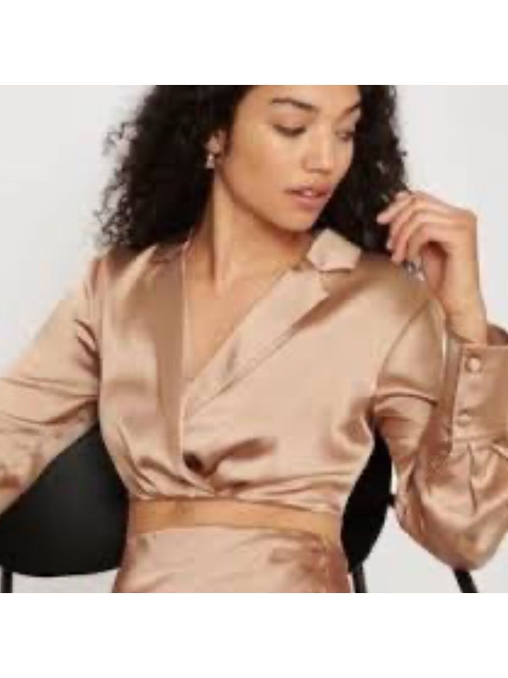 Elegant Cropped Open Front Faux Wrap Long Sleeve Satin Blouse Champagne Large